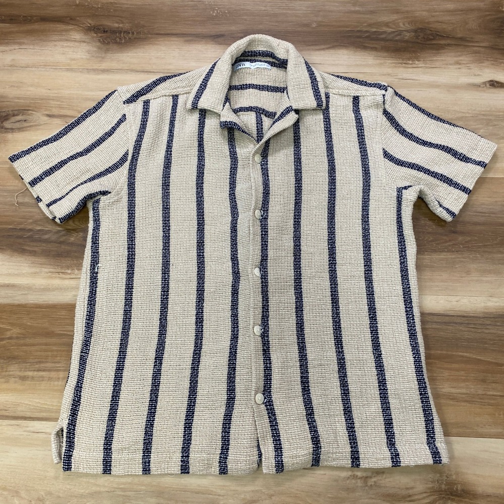 Zara Button Up Shirt Size S Striped Textured Cotton Blend Camp Collar Cream Navy